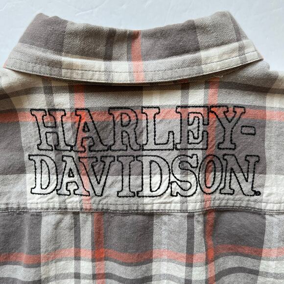 Lightweight Harley Davidson Embroidered Plaid Flannel Shirt Button Gray Orange - Picture 2 of 11